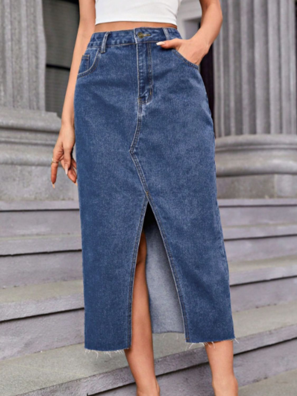 Slit Midi Denim Skirt with Pockets - Drazelle Store