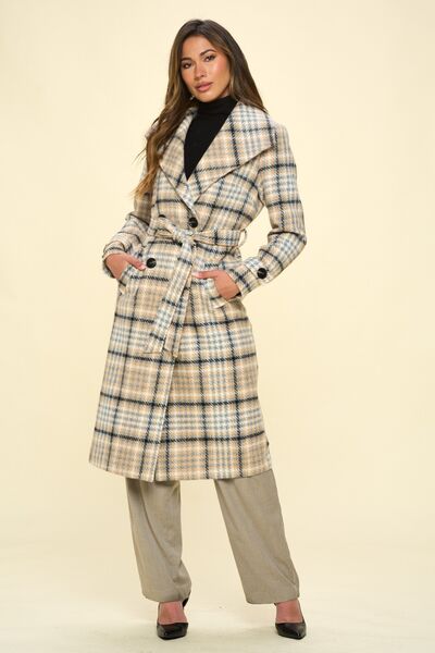 Coalition LA Double-Breasted Plaid Coat with Belt - Drazelle Store