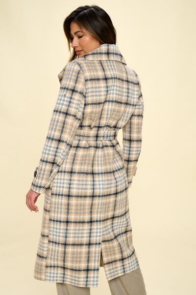 Coalition LA Double-Breasted Plaid Coat with Belt - Drazelle Store