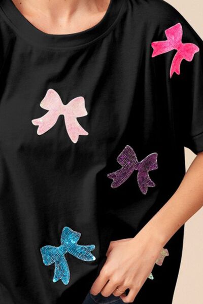 BiBi Sequin Bow Patch Short Sleeve T-Shirt - Drazelle Store