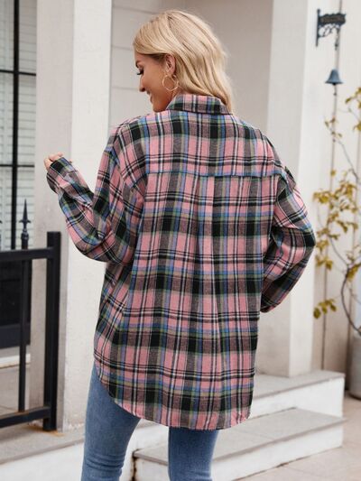 Mandy Pocketed Plaid Collared Neck Long Sleeve Shirt - Drazelle Store