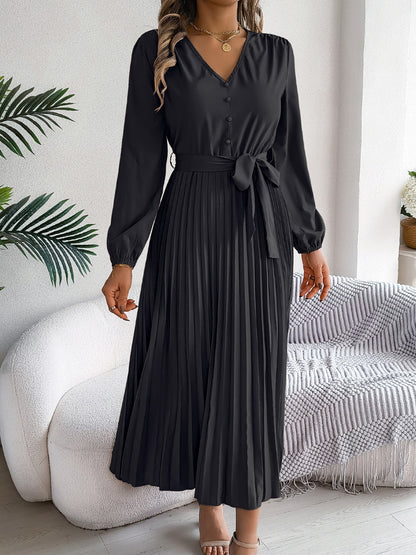 Pleated Tied V-Neck Long Sleeve Dress - Drazelle Store