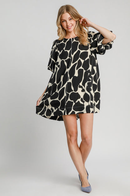 Two Tone Abstract Print Puff Sleeve Dress - Drazelle Store