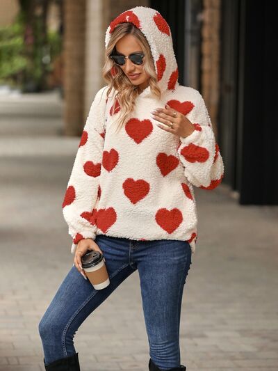 Fuzzy Heart Pocketed Dropped Shoulder Hoodie - Drazelle Store