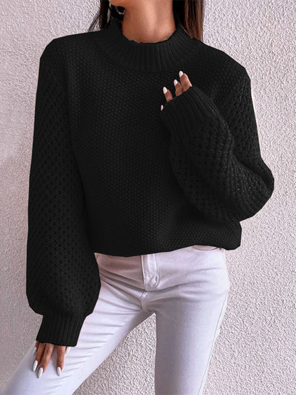 Openwork Mock Neck Long Sleeve Sweater - Drazelle Store