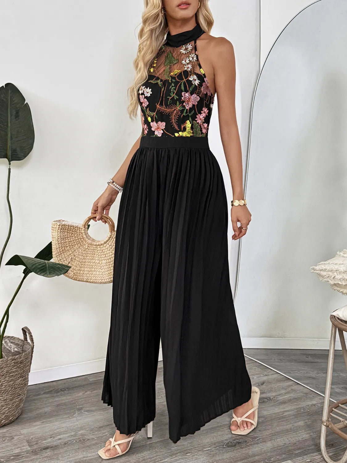 Floral Embroidered Halter Neck Pleated Jumpsuit - Drazelle Store