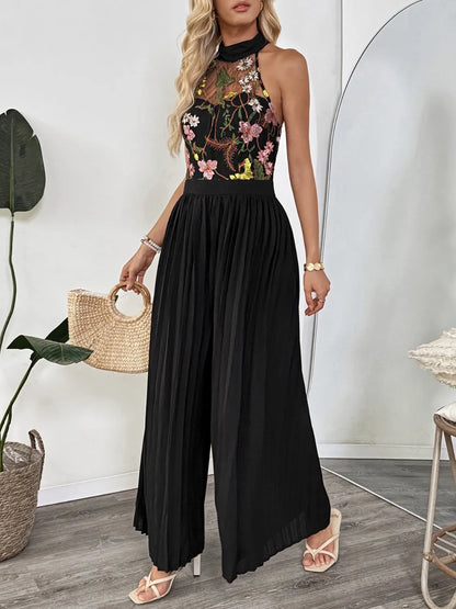Floral Embroidered Halter Neck Pleated Jumpsuit - Drazelle Store