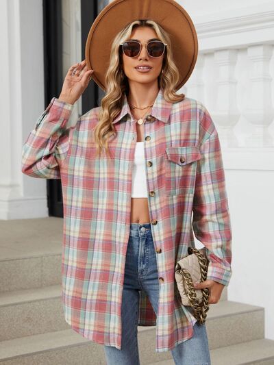 Plaid Collared Neck Long Sleeve Shirt - Drazelle Store