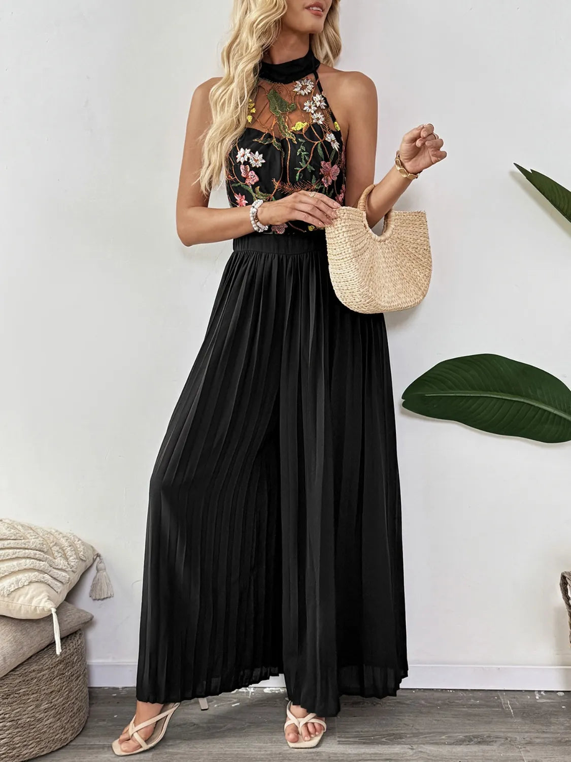 Floral Embroidered Halter Neck Pleated Jumpsuit - Drazelle Store