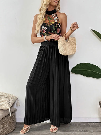 Floral Embroidered Halter Neck Pleated Jumpsuit - Drazelle Store
