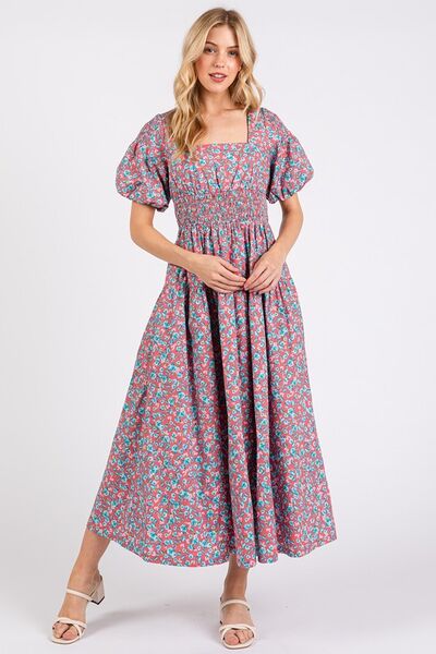 Mittoshop Smocked Floral Square Neck Puff Sleeve Midi Dress - Drazelle Store