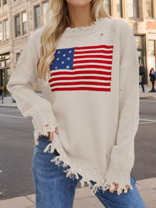 US Flag Distressed Round Neck Long Sleeve Sweater - Drazelle Store