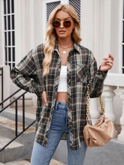 Mandy Pocketed Plaid Collared Neck Long Sleeve Shirt - Drazelle Store