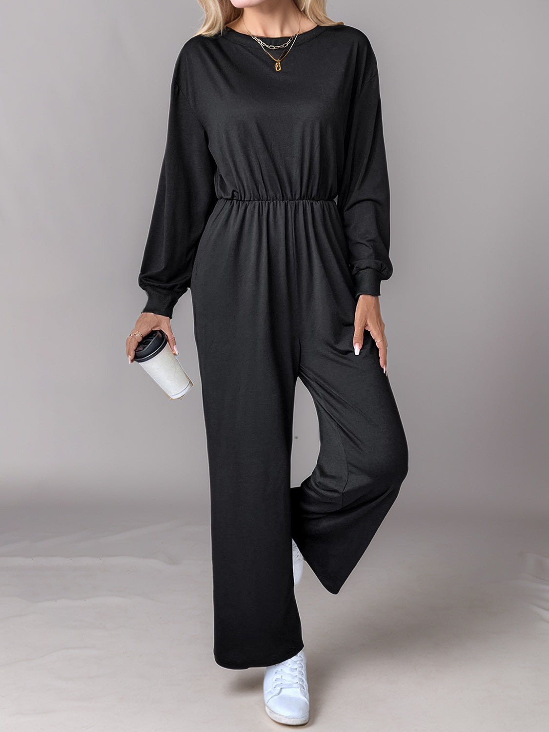 Tied Round Neck Wide Leg Jumpsuit - Drazelle Store