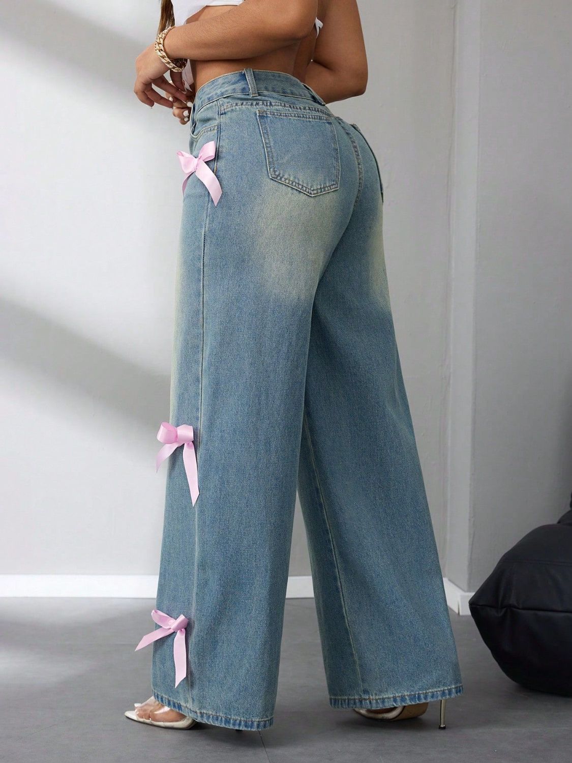 Bow High Rise Wide Leg Jeans - Drazelle Store