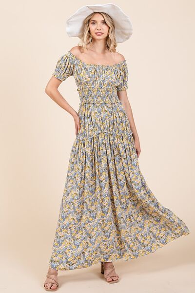 Mittoshop Flower Print Puff Sleeve Gathered Maxi Dress - Drazelle Store