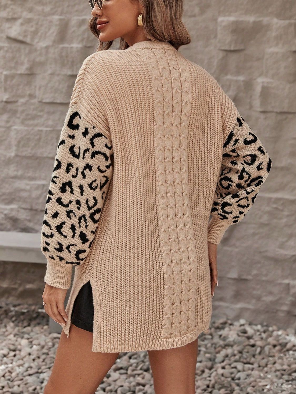 Pocketed Leopard Open Front Cardigan - Drazelle Store