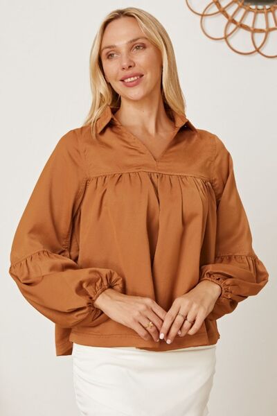 Balloon Sleeve Collared Neck Blouse - Drazelle Store