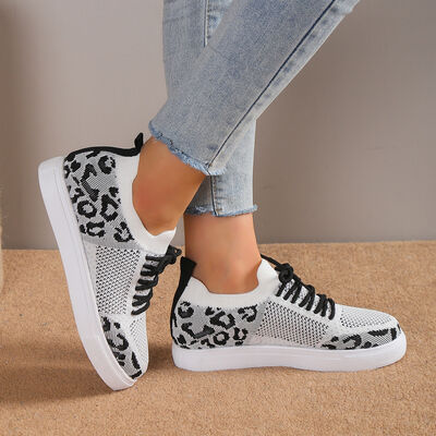 Lace-Up Leopard Flat Sneakers - Drazelle Store