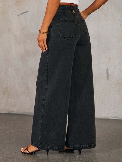 Button Decor High Rise Wide Leg Jeans  - Drazelle Store