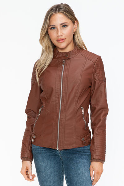 Snobbish Faux Leather Biker Jacket with Side Zip Pockets - Drazelle Store