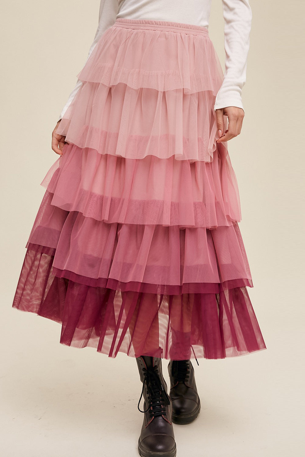 Elastic Waist Layered Tulle Midi Skirt - Drazelle Store