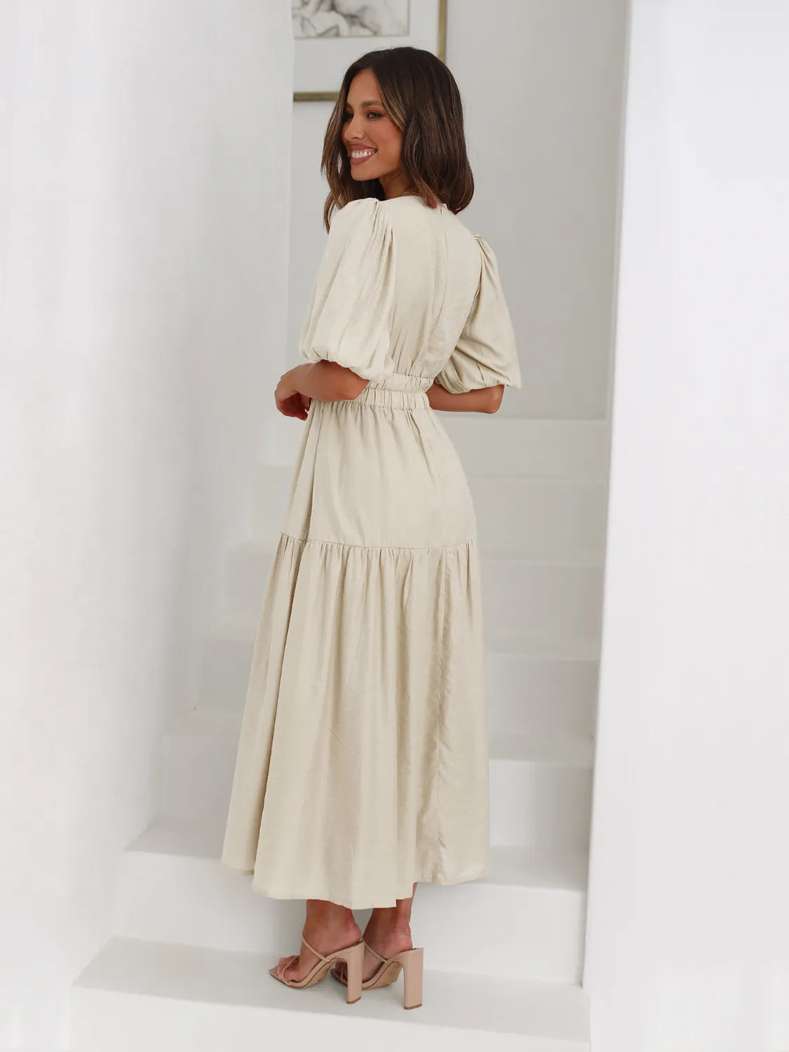 Tiered Surplice Half Sleeve Midi Dress - Drazelle Store