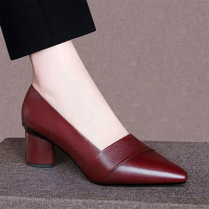 Genuine Leather Thick Heel Mid-heel Pointed Toe Women's Pumps - Drazelle Store