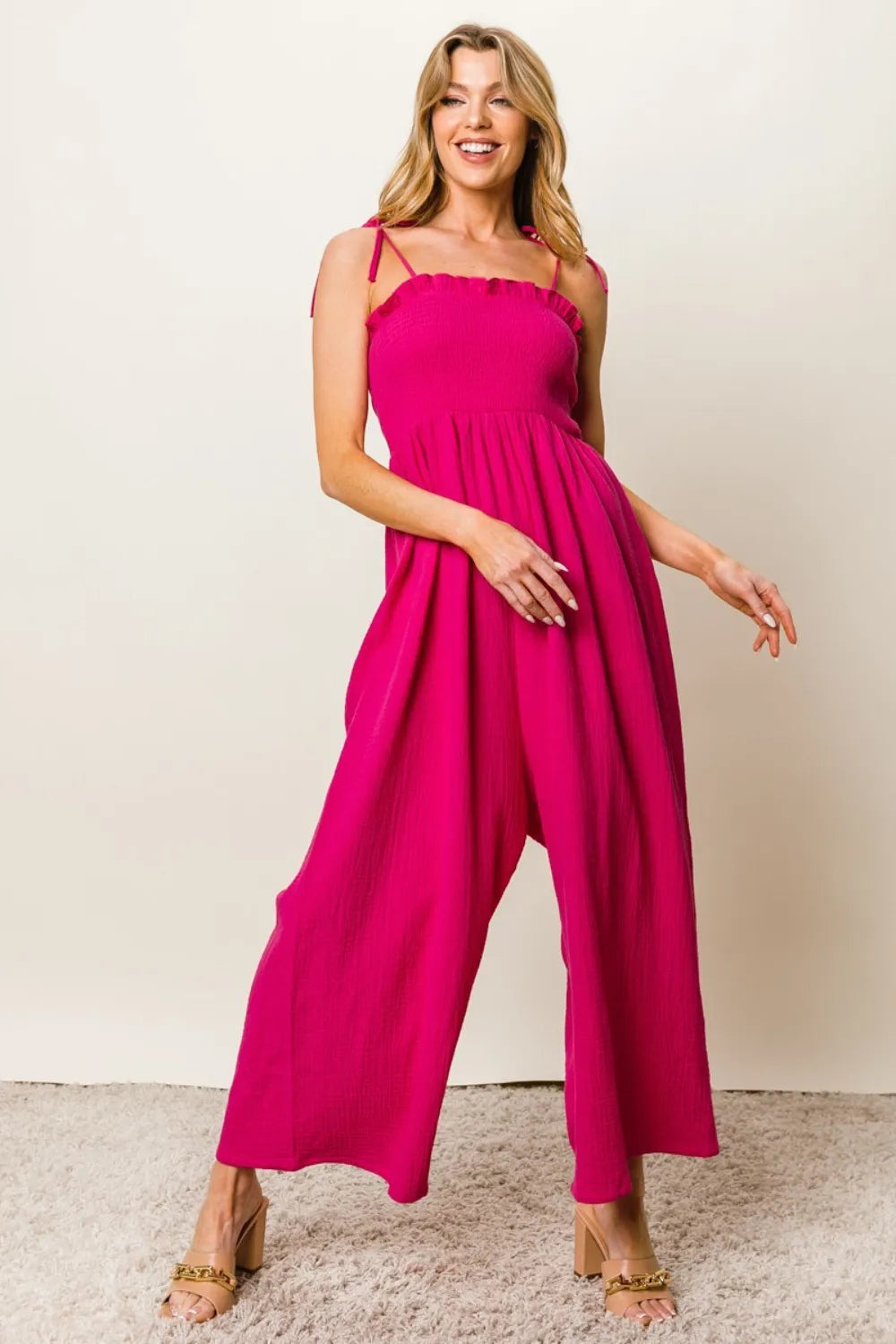 BiBi Texture Smocked Sleeveless Jumpsuit - Drazelle Store