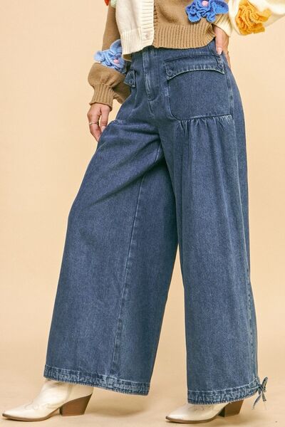 Davi & Dani Drawstring Hem Wide Leg Mid Rise Jeans - Drazelle Store