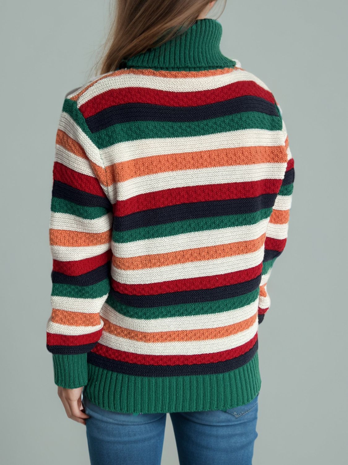 Contrast Stripes Turtleneck Long Sleeve Sweater - Drazelle Store