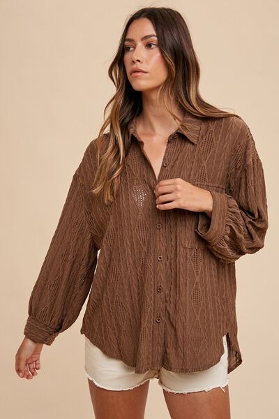 Annie Wear Openwork Button Down Drop Shoulder Shirt - Drazelle Store