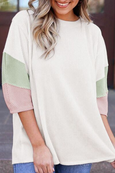 Color Block Ribbed Knit Three-Quarter Sleeve Top - Drazelle Store