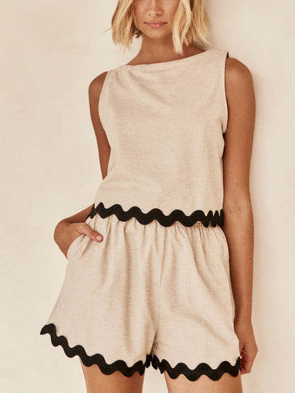 Contrast Trim Round Neck Tank and Shots Set - Drazelle Store