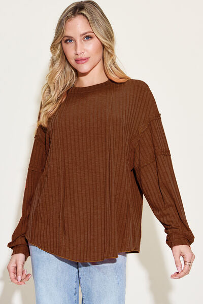 Basic Bae Full Size Ribbed Round Neck Long Sleeve T-Shirt - Drazelle Store