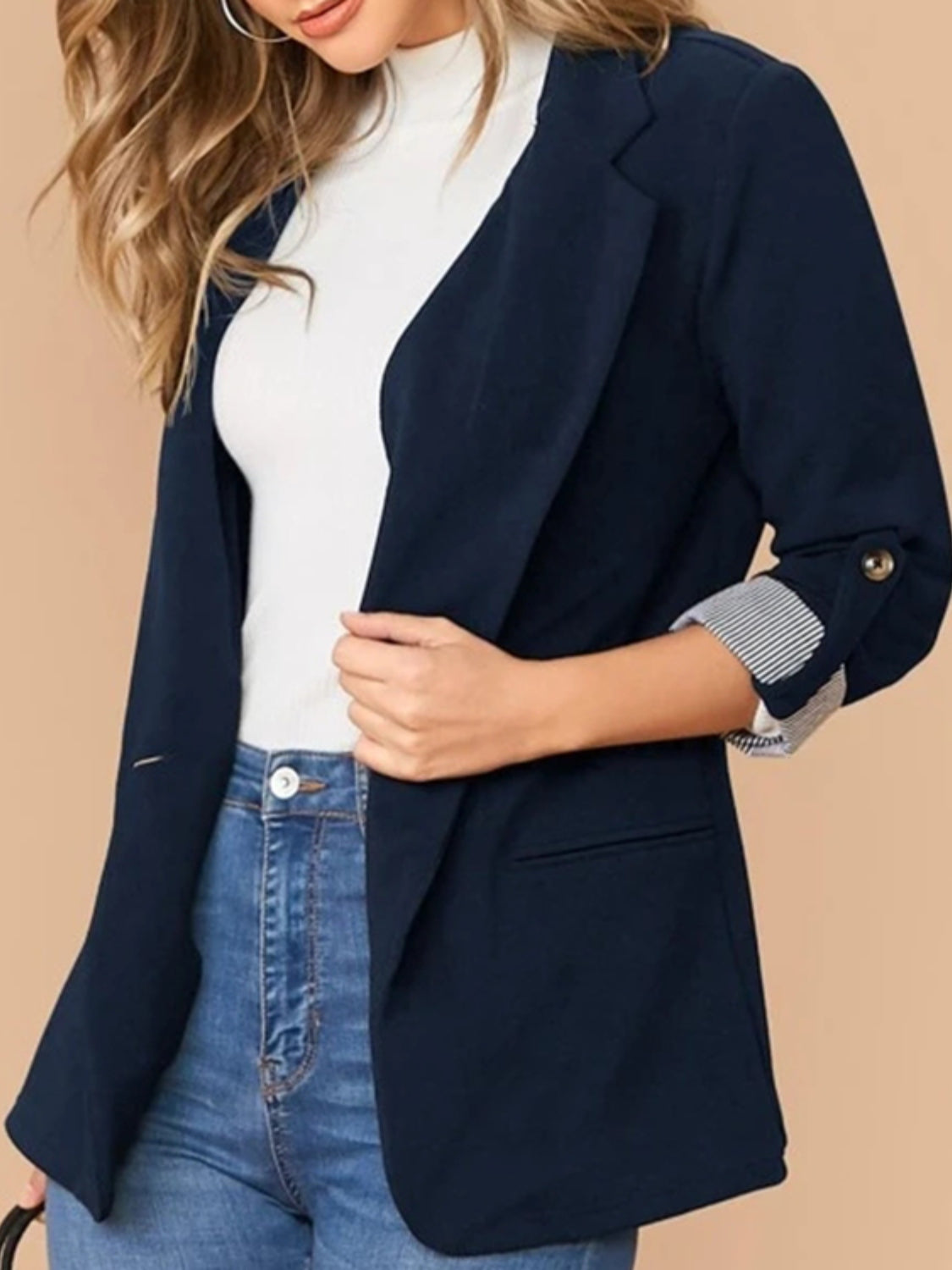 Lapel Collar Roll-Tab Sleeve Blazer - Drazelle Store