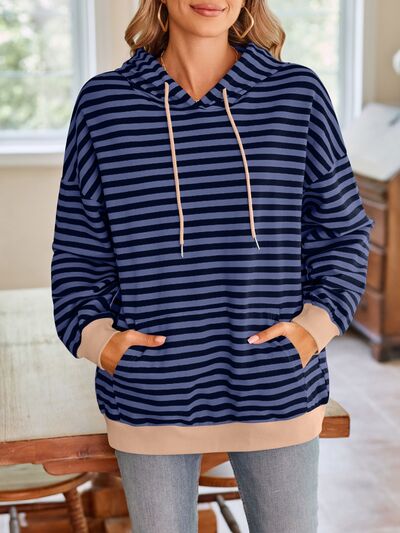 Lovelet Drawstring Striped Long Sleeve Hoodie - Drazelle Store