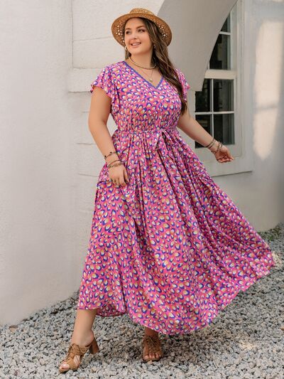 Plus Size Printed V-Neck Flutter Sleeve Tie Waist Maxi Dress - Drazelle Store