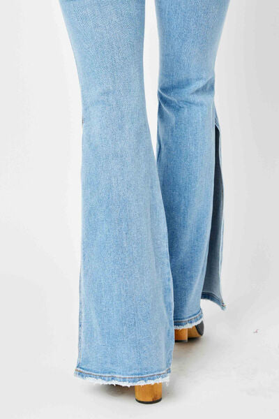 Judy Blue Full Size Mid Rise Raw Hem Slit Flare Jeans - Drazelle Store