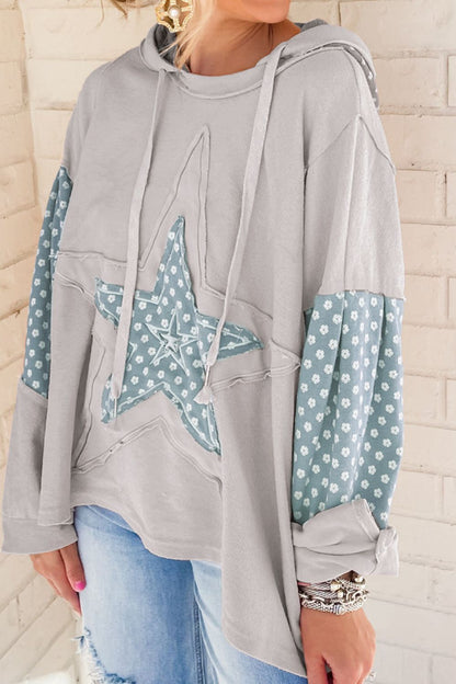 Floral Patchwork Star Pattern Drawstring Hoodie - Drazelle Store