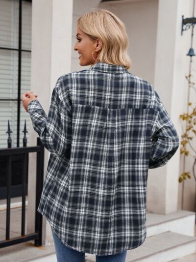 Mandy Pocketed Plaid Collared Neck Long Sleeve Shirt - Drazelle Store