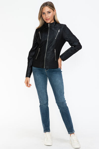 Snobbish Faux Leather Zip Up Mock Neck Jacket - Drazelle Store