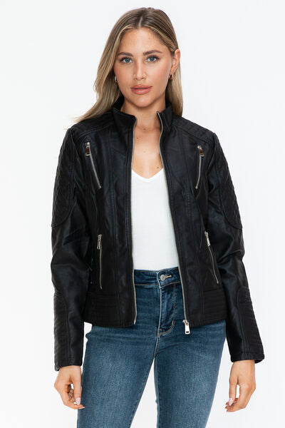 Snobbish Faux Leather Zip Up Mock Neck Jacket - Drazelle Store