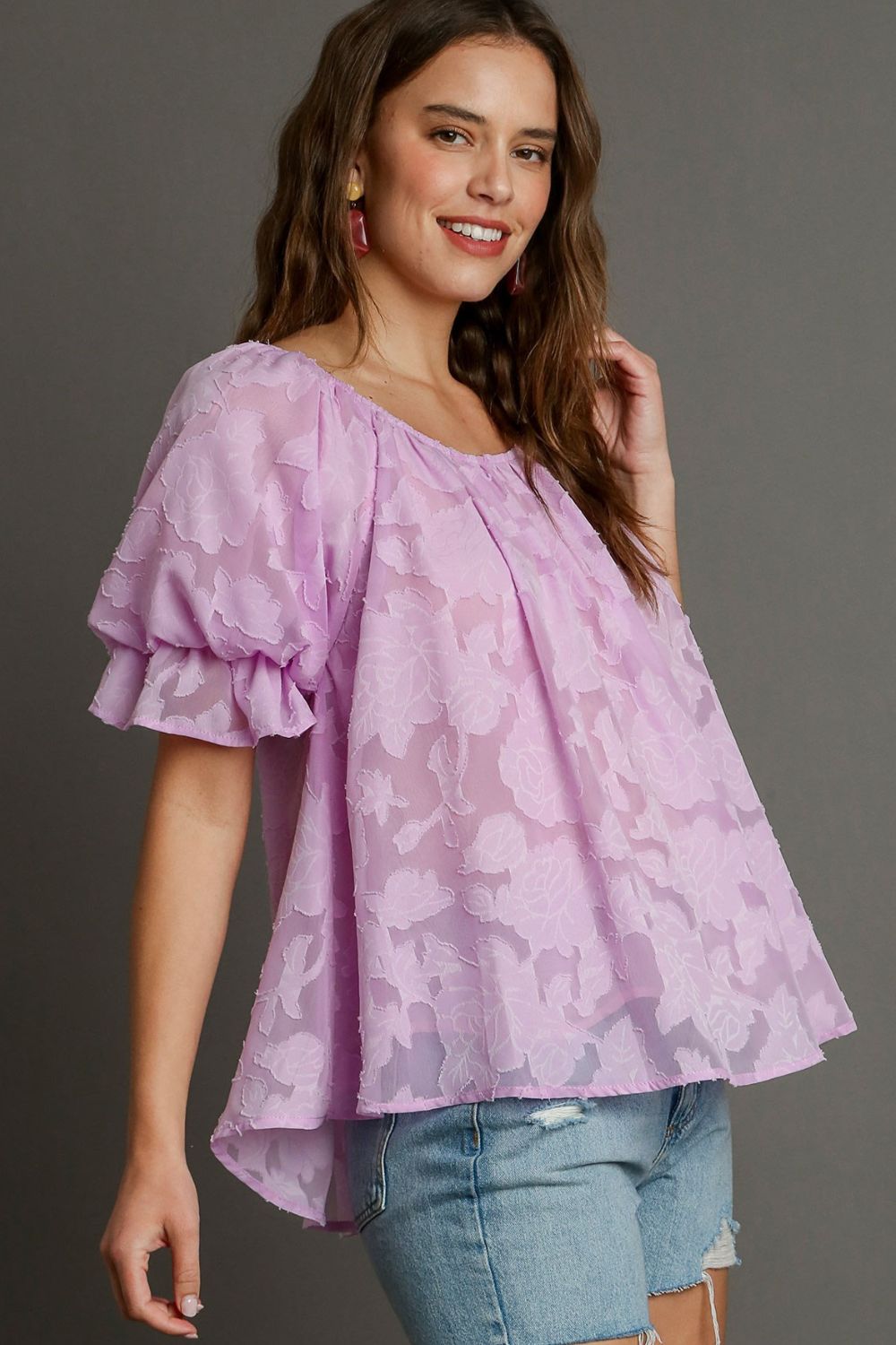 Jacquard Round Neck Ruffled Puff Sleeve Blouse - Drazelle Store