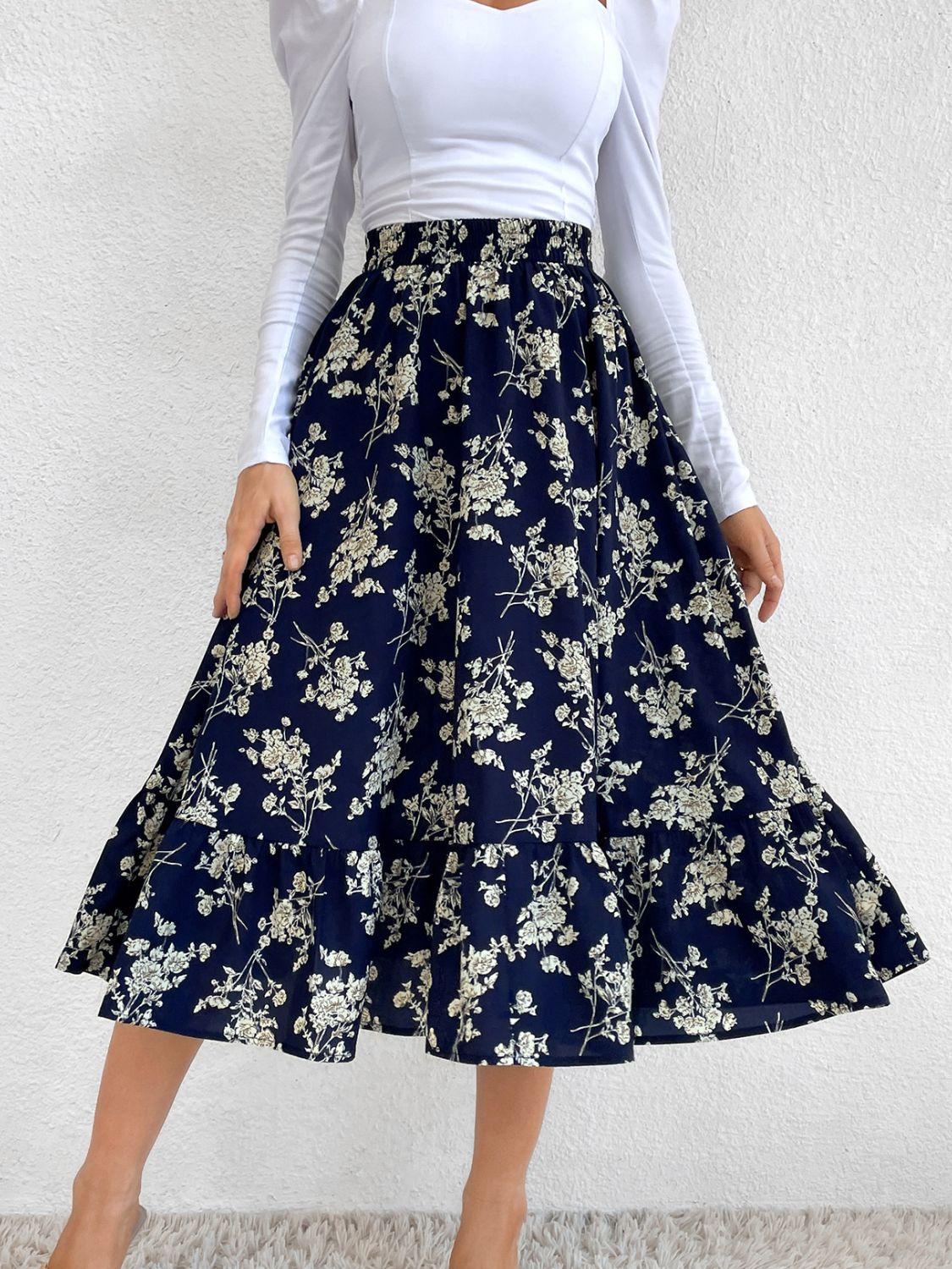 Printed Elastic Waist Midi Skirt - Drazelle Store