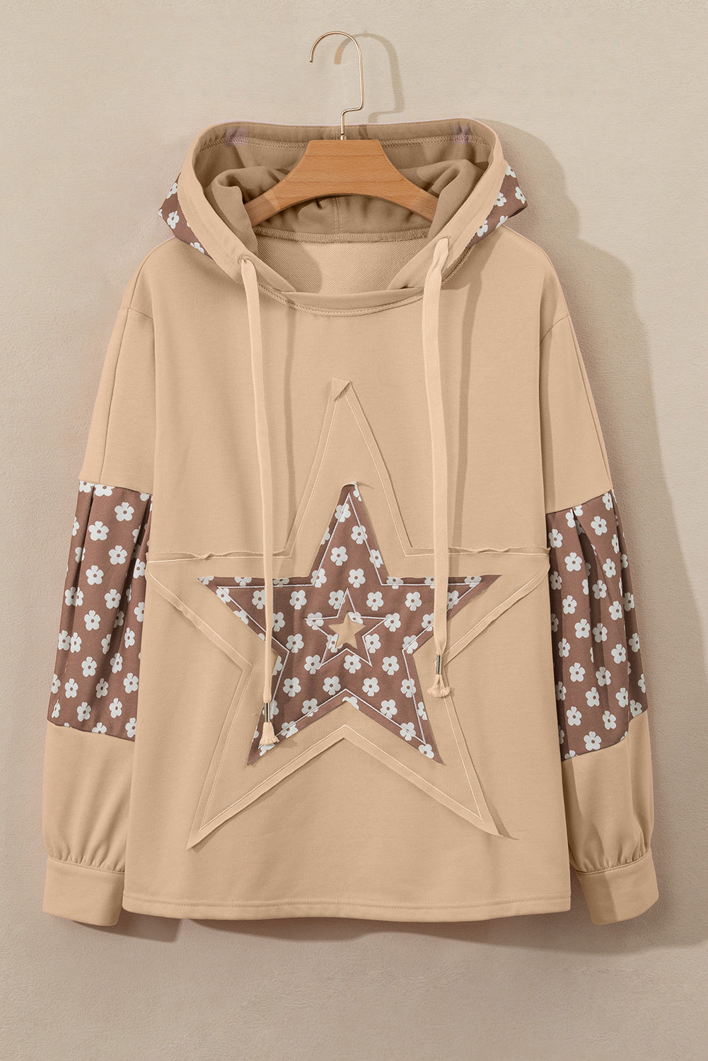 Floral Patchwork Star Pattern Drawstring Hoodie - Drazelle Store