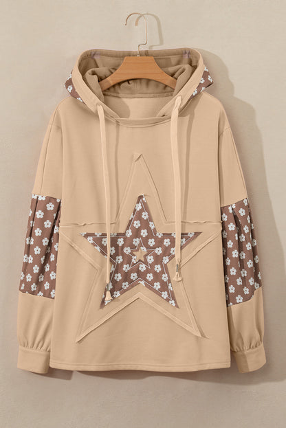 Floral Patchwork Star Pattern Drawstring Hoodie - Drazelle Store