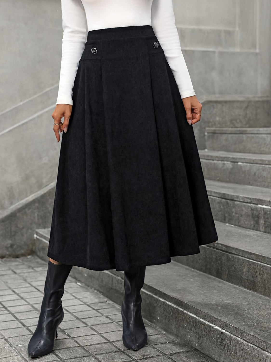 Decorative Button Ruched Midi Skirt - Drazelle Store