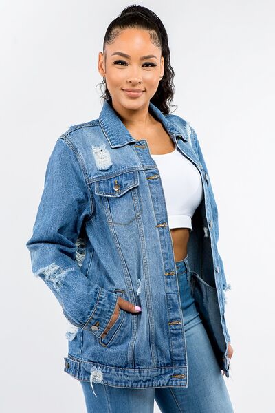 American Button Up Distressed Denim Jacket - Drazelle Store