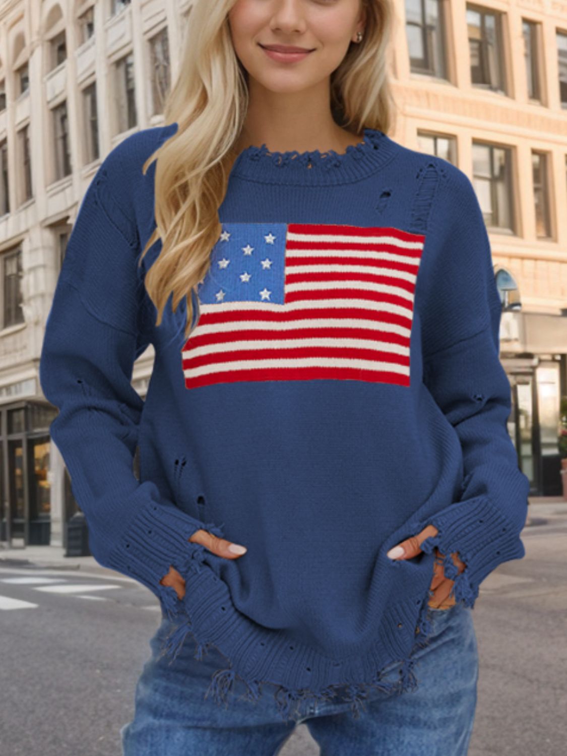 US Flag Distressed Round Neck Long Sleeve Sweater - Drazelle Store